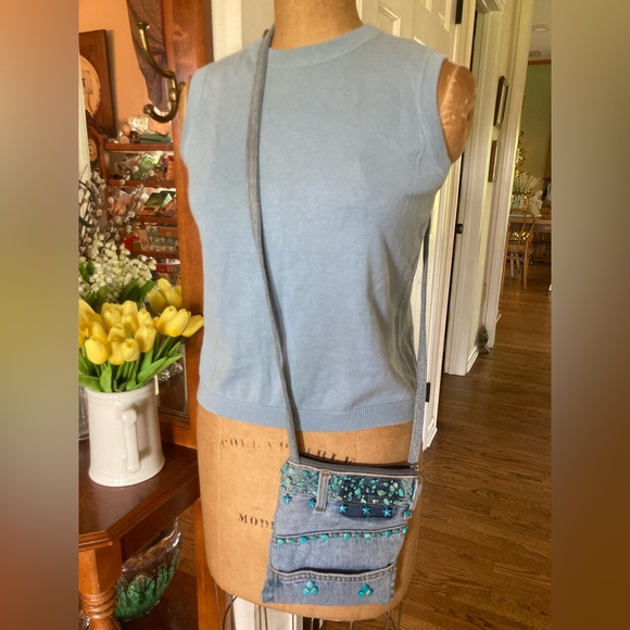 Boho Chic CROSSBODY HANDBAG Upcycled Blue Jean  Turquoise Embellishments NEW! - Picture 7 of 8